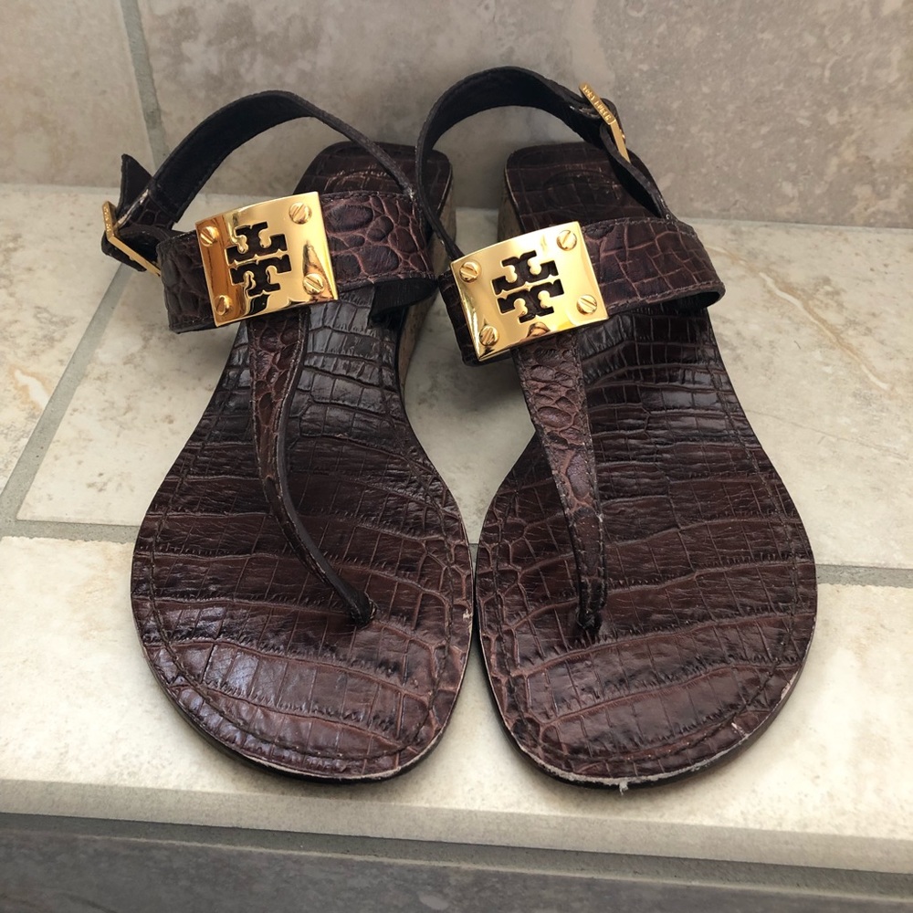 Tory Burch short wedge sandals brown leather
